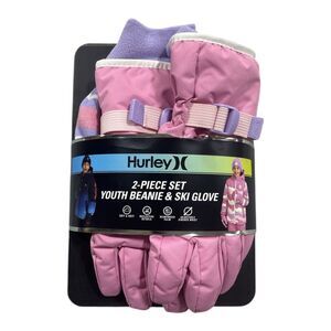 Hurley Kids 2 Piece Youth Cold Weather Knitted Beanie & Ski Glove Set - Pink